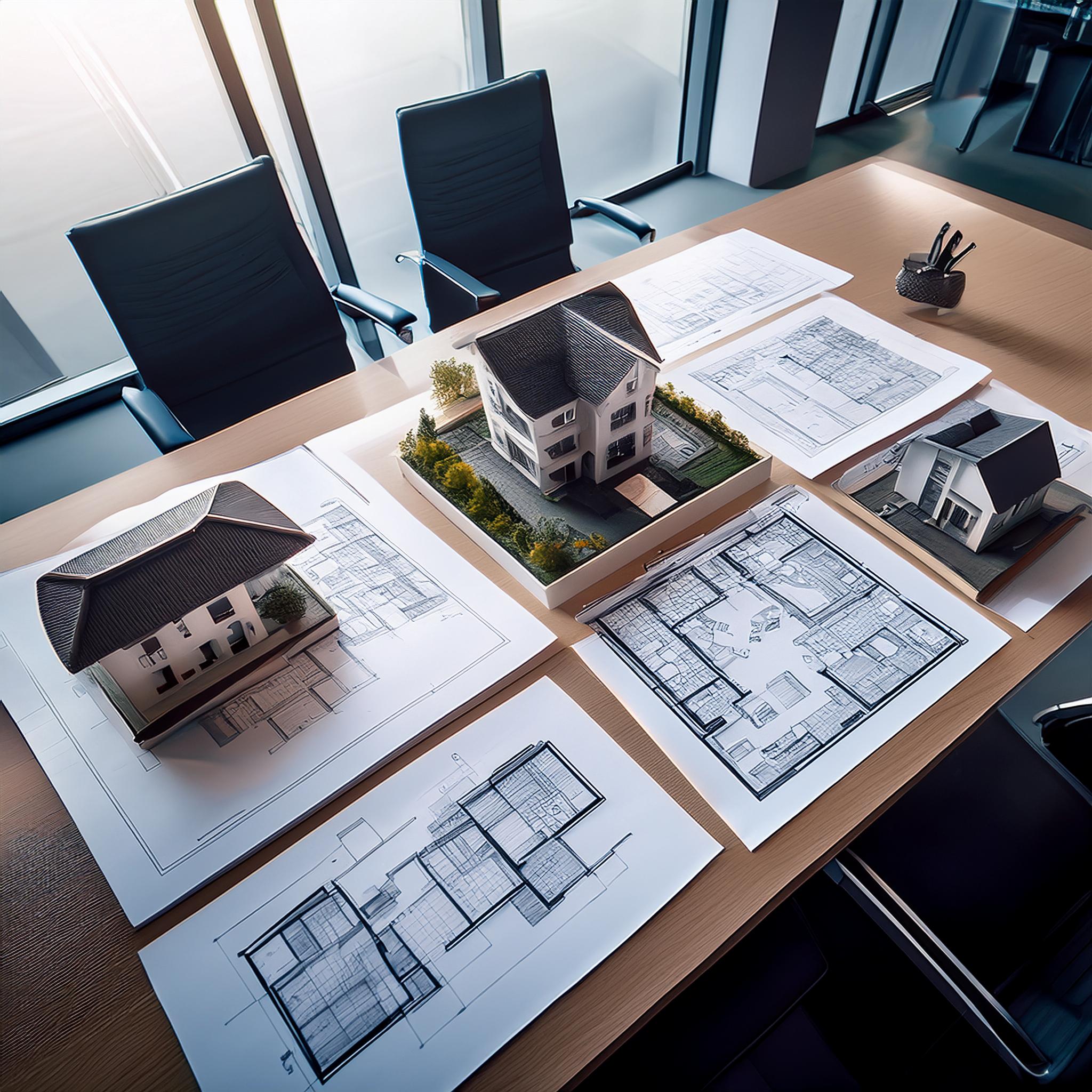 Designberatung-Sitzung mit technischen Zeichnungen und Modellen