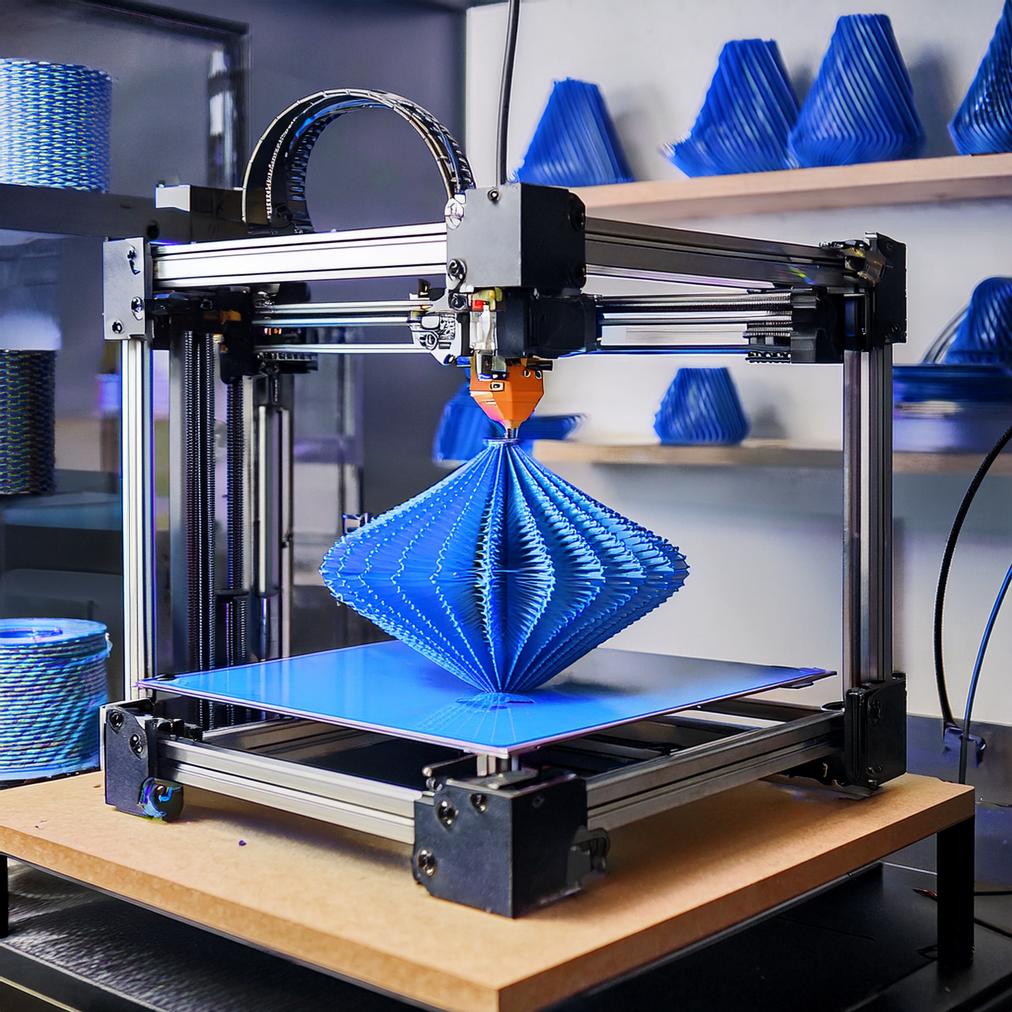 3D-Drucker in Aktion mit hergestellten Prototypen im Hintergrund